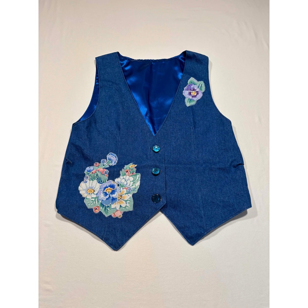 Vintage Floral Pansy Denim Vest Blue Sleeveless Button Up Cinch Back Cottagecore